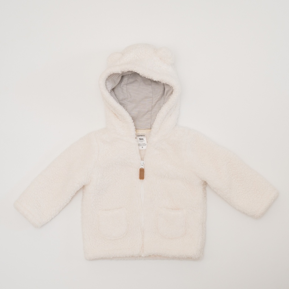 Carter's White Sherpa Bear Ear Hooded Zip Jacket Size 9 Months